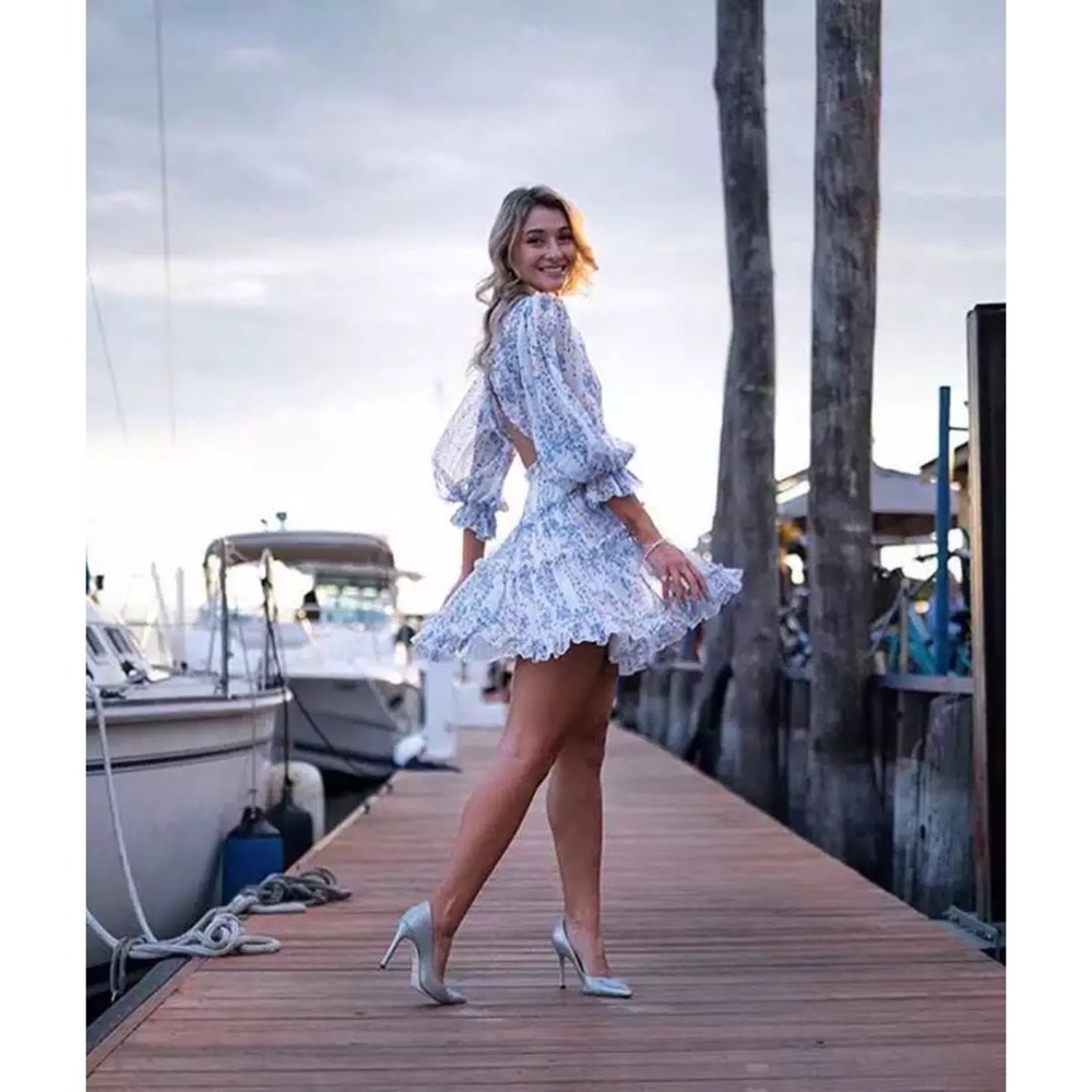 Floral Chiffon Ruffle Long Sleeve Open Back Dress - Picture 7 of 10